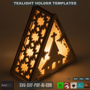 Puede incluir: Un portavelas triangular de madera con diseños cortados con láser de una iglesia con una cruz, estrellas y patrones geométricos. La estructura está iluminada desde el interior. El texto incluye TEALIGHT HOLDER TEMPLATES y SVG-DXF-PDF-AI-CDR.