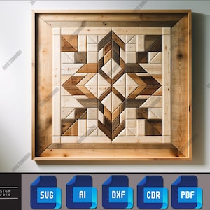 May include: A wooden wall art piece with a geometric pattern of squares and triangles in shades of brown, beige, and white. The art is framed in a thick wooden frame.