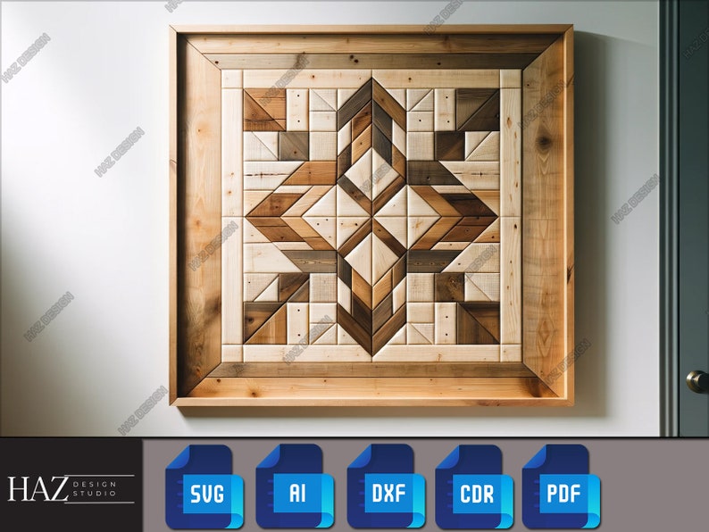 May include: A wooden wall art piece with a geometric pattern of squares and triangles in shades of brown, beige, and white. The art is framed in a thick wooden frame.