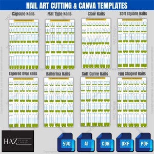 May include: A digital design featuring nail art cutting and Canva templates. The image displays various nail shapes, including Capsule, Flat Type, Claw, Soft Square, Tapered Oval, Ballerina, Soft Curve, and Egg Shaped Nails. Includes file formats: SVG, AI, CDR, DXF, and PDF.