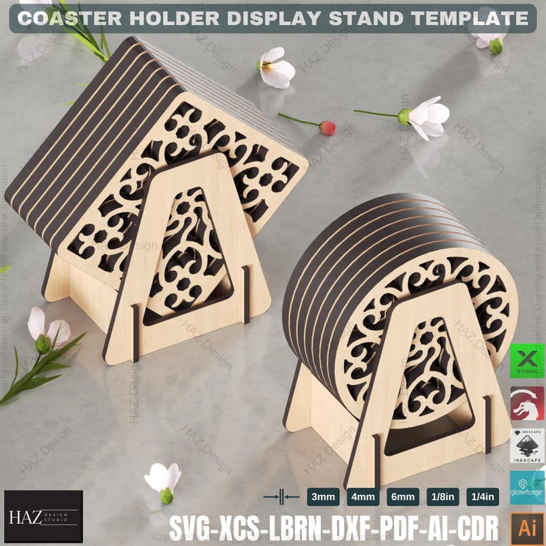May include: A wooden coaster holder display stand template with intricate cut-out designs. The stand is designed to hold six coasters, which are stacked on top of each other. The stand is made of light-colored wood and has a natural finish. The template is available in SVG, XCS, LBRN, DXF, PDF, AI, and CDR formats.