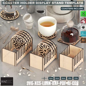 May include: A wooden coaster holder display stand template with four coasters. The coasters are made of wood and have intricate designs. The stand is made of wood and has a simple design. The template is available in SVG, XCS, LBRN, DXF, PDF, AI, and CDR formats. The coasters include a variety of designs, including a cross, a dragon, a mountain, and a snowflake.