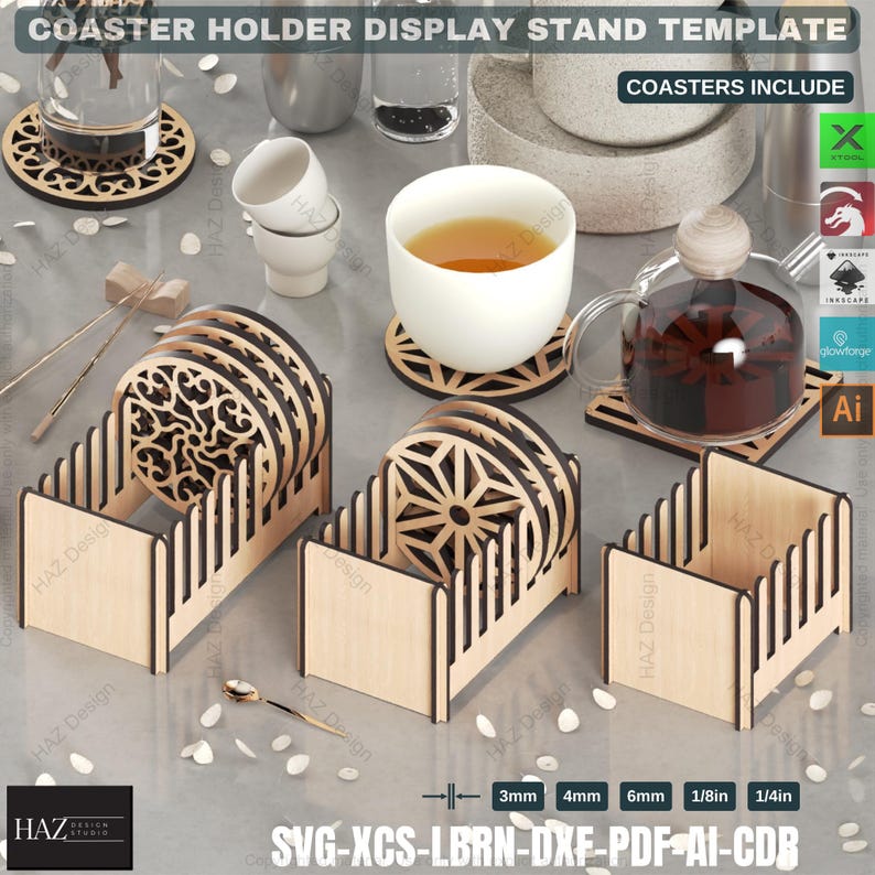 May include: A wooden coaster holder display stand template with four coasters. The coasters are made of wood and have intricate designs. The stand is made of wood and has a simple design. The template is available in SVG, XCS, LBRN, DXF, PDF, AI, and CDR formats. The coasters include a variety of designs, including a cross, a dragon, a mountain, and a snowflake.
