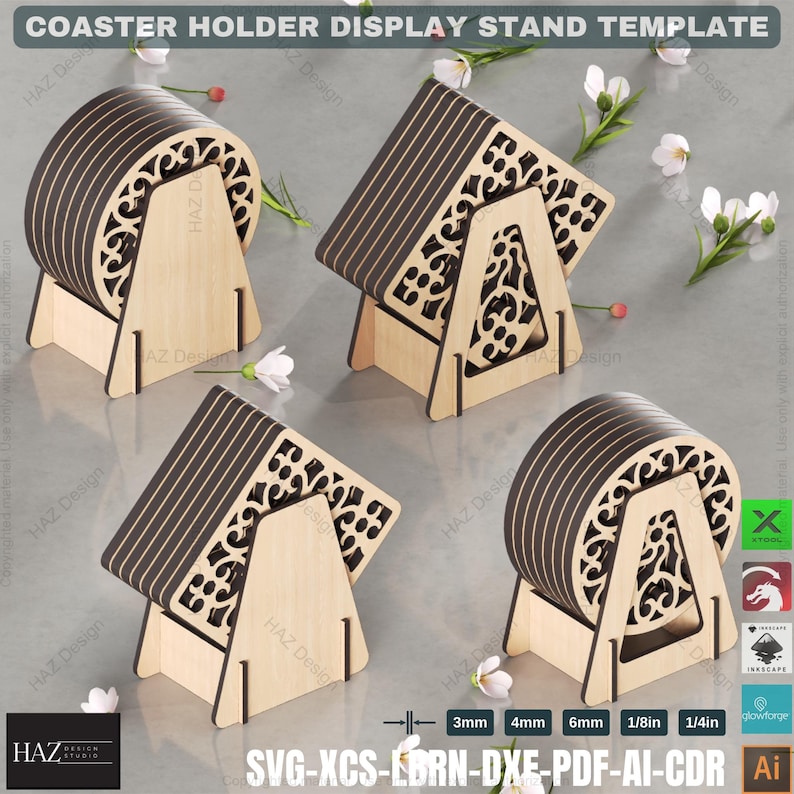 May include: A set of three wooden coaster holders with intricate cut-out designs. Each holder can display six coasters, which are also included in the set. The coasters are brown with a black and white striped pattern. The holders are made of natural wood and have a light brown finish. The image includes the text "SVG-XCS-LBRN-DXE-PDF-AI-CDR".