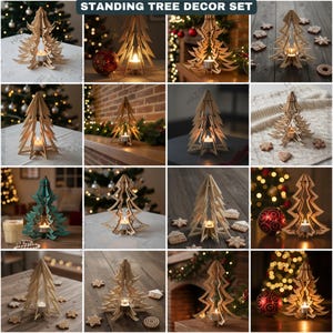 Könnte beinhalten: Eine Sammlung von Weihnachtsbaumdekorationen aus Holz. Jeder Baum hat ein ausgeschnittenes Design und Platz für eine Kerze. Die Bäume werden auf verschiedenen Oberflächen mit weihnachtlichen Dekorationen präsentiert.