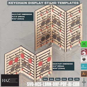 Puede incluir: Una plantilla digital para un expositor de llaveros de tres lados. El expositor está hecho de madera y tiene un color marrón claro. Cada lado del expositor tiene 12 ranuras para llaveros. El expositor mide 44,7 cm de alto y 21,8 cm de ancho. La plantilla está disponible en los formatos SVG, XCS, LBRN, DXF, PDF, AI y CDR.