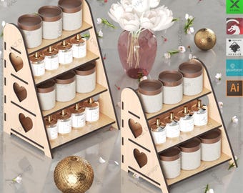 May include: A wooden display stand with three shelves and heart-shaped cutouts. The stand is designed to hold small bottles or jars. The stand is made of light brown wood and has a natural finish. The stand is 1/8 inch thick and 1/4 inch wide.