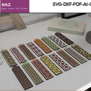 May include: A set of 14 laser cut wooden bookmarks with various geometric and floral patterns. The bookmarks are arranged on a white surface.  SVG-DXF-PDF-AI-CDR
