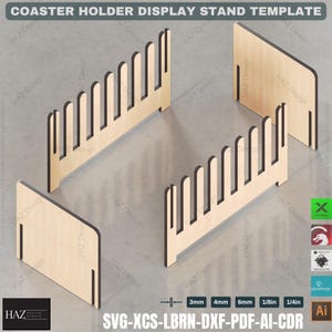 May include: A wooden coaster holder display stand template with cut lines for easy assembly. The template is designed to hold multiple coasters in a vertical display. The template includes measurements in millimeters and inches.