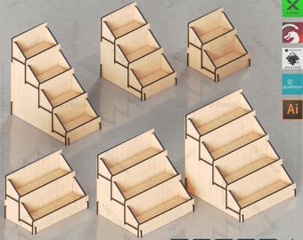 Laser Cut Display Stand  2, 3, 4-Tier Customizable 6 Sizes Template,5-thicknees Retail Display Market Shelves SVG Files,Counter Showcase 426