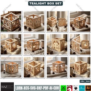 May include: A collection of laser-cut wooden tealight box sets. Each box features intricate designs, including houses, trees, and deer. The boxes are displayed with pine cones and mugs, creating a cozy, rustic aesthetic. The text "TEALIGHT BOX SET" is visible.