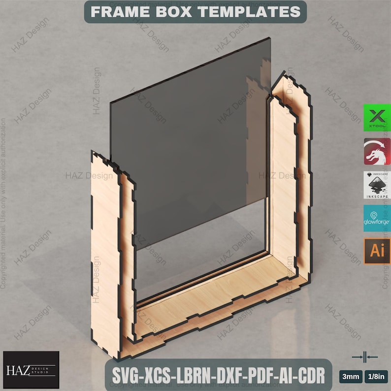 May include: A frame box template with the text "FRAME BOX TEMPLATES". The design features a wooden frame with a dark gray insert. The bottom of the image includes the text "SVG-XCS-LBRN-DXF-PDF-AI-CDR" and measurements of 3mm and 1/8in.