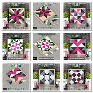 May include: Nine framed quilt pattern templates with geometric designs in various colours, including pink, green, and blue. Each template is displayed with complementary elements like plants, gifts, and ornaments. The text "QUILT PATTERN TEMPLATES" and file type information are visible.