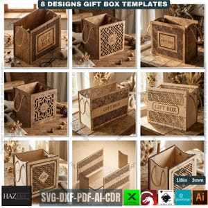 May include: Wooden gift box templates with various laser-cut designs. Each box features a different geometric or decorative pattern, with rope handles and the words "GIFT BOX" displayed. The image shows multiple boxes, some assembled and some unassembled.