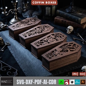 May include: Four dark brown wooden coffin boxes with intricate laser-cut lids featuring Halloween motifs like pumpkins, trees, and the word SPOOKY. The boxes are designed for 1/8 inch or 3mm material thickness, as indicated by the text on the image.