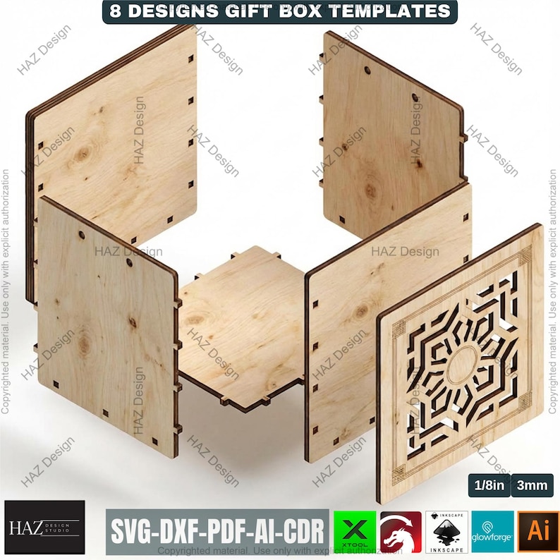 Laser Cut Wooden Gift Box Templates Bundle for DIY Packaging ...