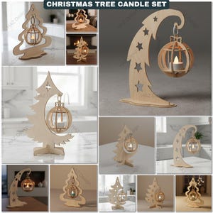 Puede incluir: Un juego de velas de árbol de Navidad hecho de madera de color claro. El juego incluye varios portavelas en forma de árbol y de media luna, cada uno con un pequeño portavelas redondo. El texto "CHRISTMAS TREE CANDLE SET" está en la parte superior.