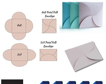 May include: A digital download of two petal fold envelope templates, one measuring 6x6 inches and the other 5x7 inches. The templates are shown in a light pink color. The image also shows a folded envelope in a light purple color.