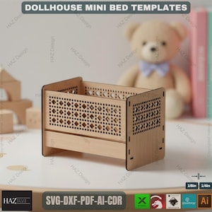 May include: A miniature wooden dollhouse bed with decorative cutouts. The bed frame is light brown and features geometric patterns. The image includes the text "DOLLHOUSE MINI BED TEMPLATES" and "SVG-DXF-PDF-AI-CDR".