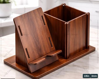 Organizador de escritorio cortado a láser con soporte para teléfono y portalápices. Organizador de oficina multifuncional. Diseño 513.