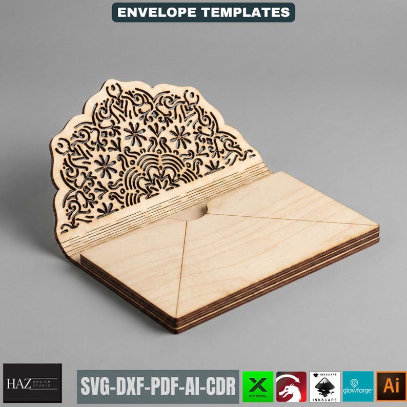 Laser Cut Envelope Template, Decorative Gift Card Holder, Wooden Money Envelope Pattern 519 image 5