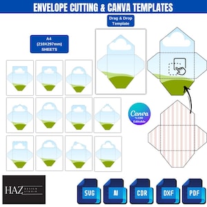Puede incluir: Una colección de plantillas de corte de sobres y Canva. Los diseños presentan un tema de cielo y paisaje con un diseño de nube y colina verde. La imagen incluye el texto "Envelope Cutting & Canva Templates" y "Drag & Drop Template".