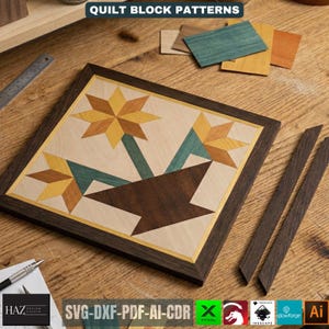 May include: Wooden quilt block pattern with a floral design in a dark brown frame. The design features yellow, teal, and brown star-shaped flowers. The text "QUILT BLOCK PATTERNS" is at the top. The image also includes the text "SVG-DXF-PDF-AI-CDR".