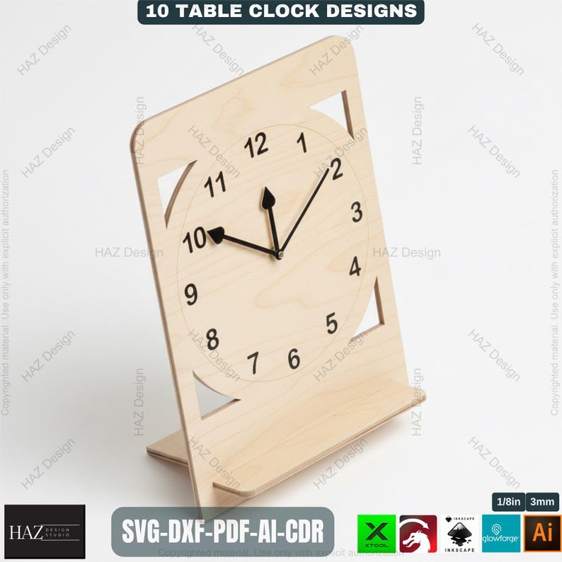 May include: A wooden table clock with a light-colored finish. The clock face features black numerals and hands, with a geometric design around the clock face. The base is rectangular, and the clock is approximately 8 inches tall.