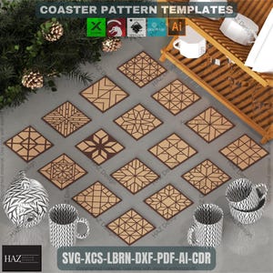 May include: A collection of diamond-shaped coaster pattern templates in various geometric designs. The coasters are in shades of brown and beige, with a dark brown central coaster. The image includes mugs, a decorative ornament, and text that reads "COASTER PATTERN TEMPLATES" and "SVG-XCS-LBRN-DXF-PDF-AI-CDR".