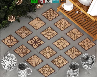 May include: A collection of diamond-shaped coaster pattern templates in various geometric designs. The coasters are in shades of brown and beige, with a dark brown central coaster. The image includes mugs, a decorative ornament, and text that reads "COASTER PATTERN TEMPLATES" and "SVG-XCS-LBRN-DXF-PDF-AI-CDR".