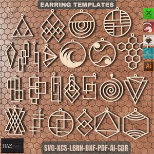 May include: A collection of laser-cut earring templates in various geometric shapes, including triangles, circles, and abstract designs. The templates are made of light-colored wood and are displayed against a brown hexagonal tile background. The text "EARRING TEMPLATES" is at the top.