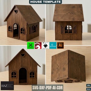 May include: A wooden house template with a heart-shaped cutout and arched windows. The house has a pitched roof and shutters. The image includes the text "HOUSE TEMPLATE" and "SVG-DXF-PDF-AI-CDR". The house is 1/8 inch or 3mm thick.
