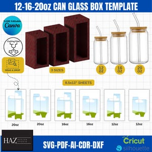 Könnte beinhalten: Ein digitales Template für Glasboxen für Dosen in den Größen 12, 16 und 20 oz. Das Design umfasst drei rote Boxen, transparente Gläser mit Bambusdeckeln und Schneidedateien. Bearbeitbar mit Canva und kompatibel mit Cricut und Silhouette.