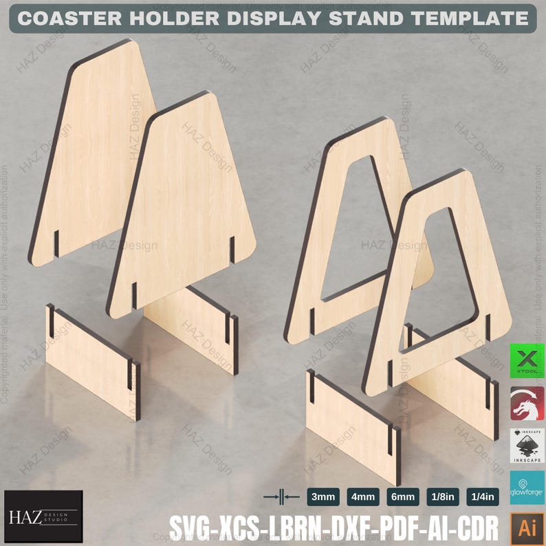 May include: A digital template for a coaster holder display stand. The template is made up of five pieces of wood, with the text "SVG-XCS-LBRN-DXF-PDF-AI-CDR" printed at the bottom.