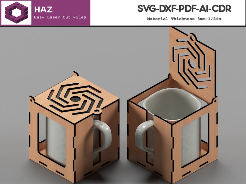 May include: A wooden mug holder with a geometric design. The holder is made of 1/8 inch thick wood and is designed to hold a standard sized mug. The holder has a lid that can be closed to protect the mug.
