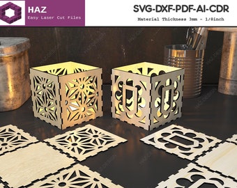 Tealight Lanterns / Wood Candle Holder / Tealight Patterned Boxes / Candle Box Templates SVG DXF CDR Ai 059