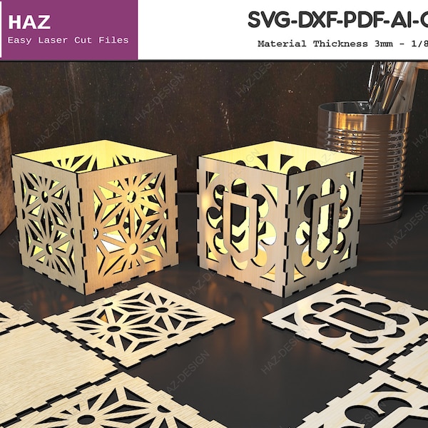 Teelicht Laternen / Holz Kerzenhalter / Teelicht Gemusterte Boxen / Kerzen Box Vorlagen SVG DXF CDR Ai 059