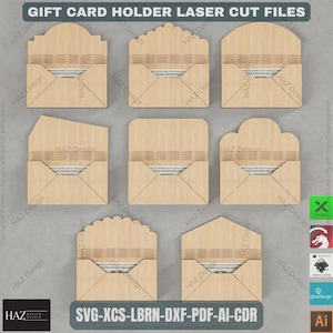 May include: A collection of laser-cut wooden gift card holders in various shapes, including arched, scalloped, and geometric designs. Each holder features a slot for a gift card and is made from light-colored wood. The image includes the text "GIFT CARD HOLDER LASER CUT FILES."