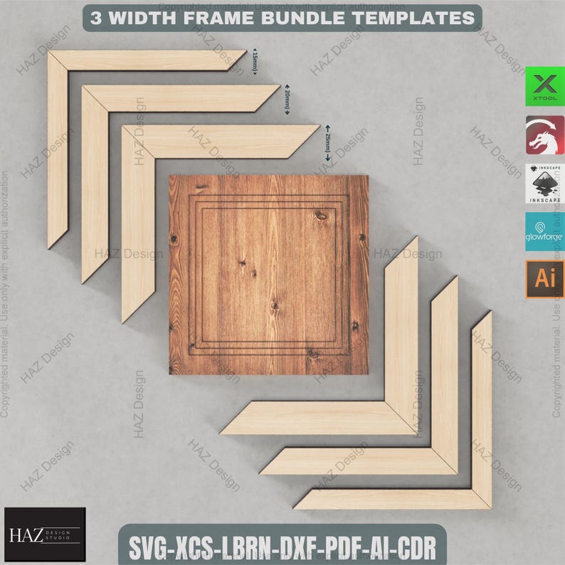 May include: Three wooden frame templates in different widths, shown in a gray background. The frames are in the shape of an 'L' and are arranged in a stack. The frames are 1.5 inches, 2 inches, and 2.5 inches wide. The text "SVG-XCS-LBRN-DXF-PDF-AI-CDR" is at the bottom of the image.
