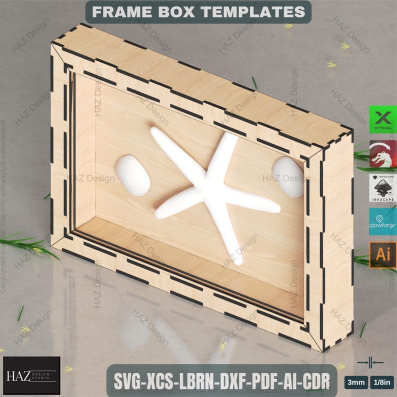 May include: A wooden frame box template with a starfish and two white spheres inside. The frame is made of light-colored wood with black accents. The text "FRAME BOX TEMPLATES" is at the top. The box is 3mm or 1/8in thick.