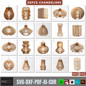 Pode incluir: Uma coleção de 20 luminárias pendentes de madeira em várias formas geométricas e orgânicas, com designs de ripas. A imagem inclui o texto 20PCS CHANDELIERS e 1/8in 3mm, indicando a espessura do material para arquivos de corte a laser.