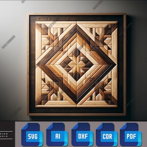 Può includere: Un'opera d'arte murale in legno incorniciata con un design geometrico realizzato con diverse tonalità di legno. Il design presenta una forma a stella centrale circondata da quadrati e triangoli.