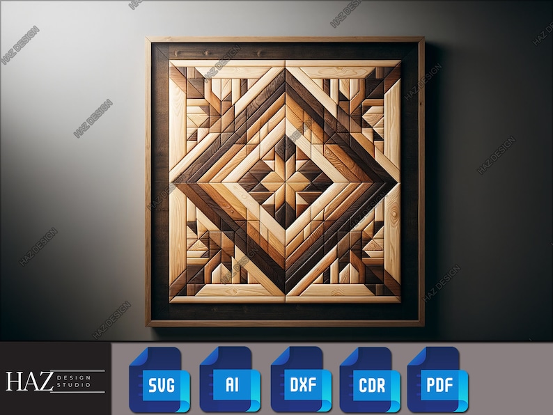 May include: A framed wooden wall art piece with a geometric design made of various wood tones. The design features a central star shape surrounded by squares and triangles.