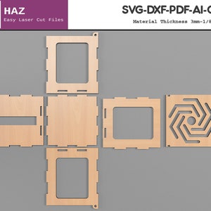 May include: A laser cut wooden box with a decorative swirl design on the top. The box is made of 1/8 inch thick wood and is designed to be assembled. The image includes the text "SVG-DXF-PDF-AI-CDR" and "Material Thickness 3mm-1/8in".
