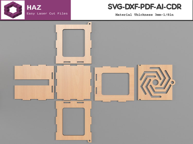 May include: A laser cut wooden box with a decorative swirl design on the top. The box is made of 1/8 inch thick wood and is designed to be assembled. The image includes the text "SVG-DXF-PDF-AI-CDR" and "Material Thickness 3mm-1/8in".