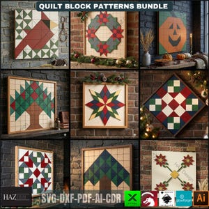 May include: A collection of nine framed quilt block patterns, each featuring geometric designs in various colors. The patterns include a cardinal, a wreath, a jack-o'-lantern, a tree, a star, and other abstract shapes. The text "QUILT BLOCK PATTERNS BUNDLE" is at the top.