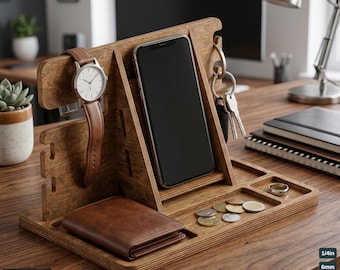 Wooden Docking Station Desk Organizer Phone Stand Men's Gift Bedside Organizer Wood Catchall Tray