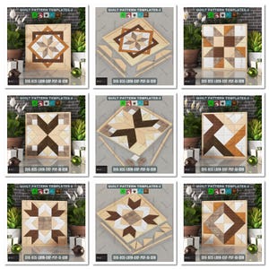 May include: Nine quilt pattern templates with geometric designs in various shades of brown, beige, and white. Each template features a different star or geometric pattern. The text "QUILT PATTERN TEMPLATES-2" and "SVG-XCS-LBRN-DXF-PDF-AI-COR" are visible.