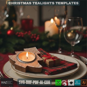 May include: A wooden Christmas tree-shaped tealight holder with a lit candle sits on a white plate. A small gift box with a red ribbon rests on a red and black plaid napkin. The text "CHRISTMAS TEALIGHTS TEMPLATES" is at the top.