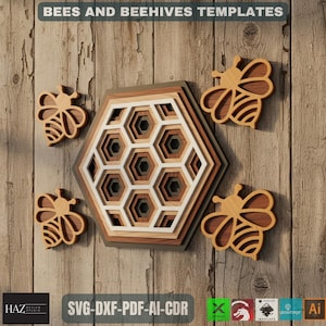 Può includere: Arte da parete a strati in legno a forma di alveare e ape. Il pezzo centrale è un esagono multistrato con un design a nido d'ape. Quattro ritagli di api in legno circondano l'esagono. Il testo "BEES AND BEEHIVES TEMPLATES" e "SVG-DXF-PDF-AI-CDR" sono visibili.